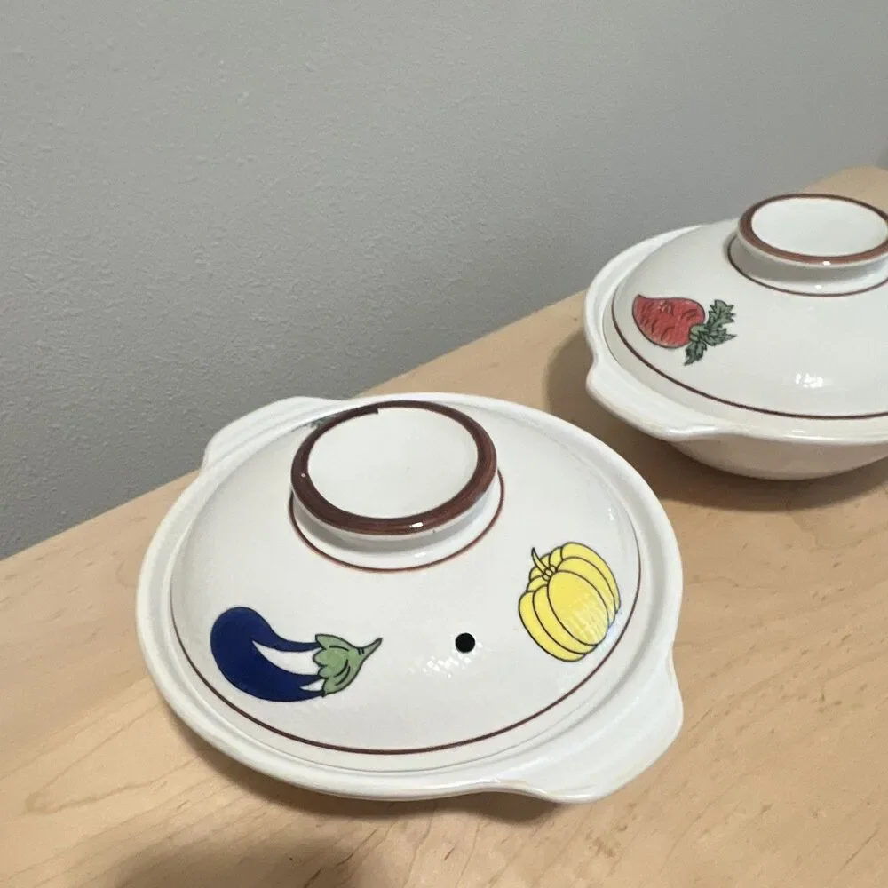 2 Round White Casserole Dishes w/ Lids, Vegetable Pattern, Glossy Finish Donabe